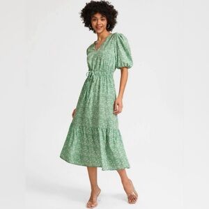 Paisley green poof sleeve front tie summer dress